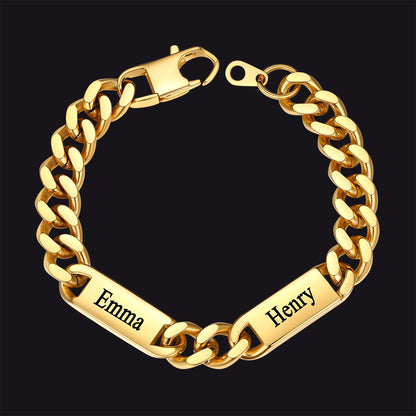 Gold / 2 Names / 9MM Customized Engraved Name Cuban Chain Bracelet for Men