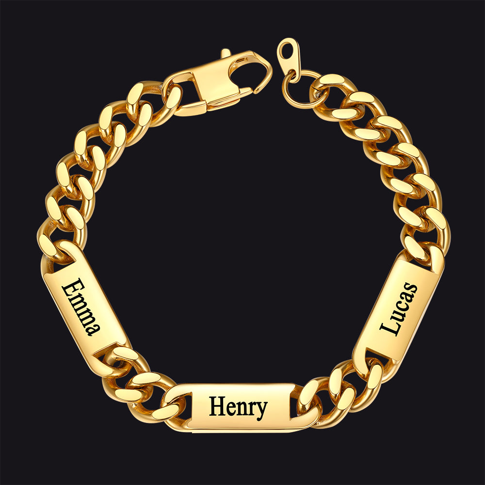 Gold / 3 Names / 9MM Customized Engraved Name Cuban Chain Bracelet for Men