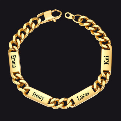 Gold / 4 Names / 9MM Customized Engraved Name Cuban Chain Bracelet for Men