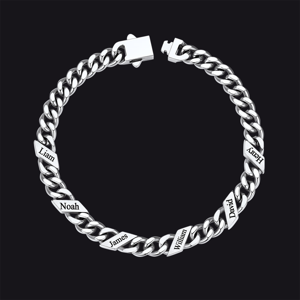 Steel / 7MM / 6 Names Custom Engraved Name Cuban Chain Bracelet for Men 7/9/12mm Width