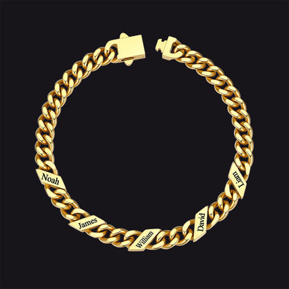 Gold / 7MM / 5 Names Custom Engraved Name Cuban Chain Bracelet for Men 7/9/12mm Width