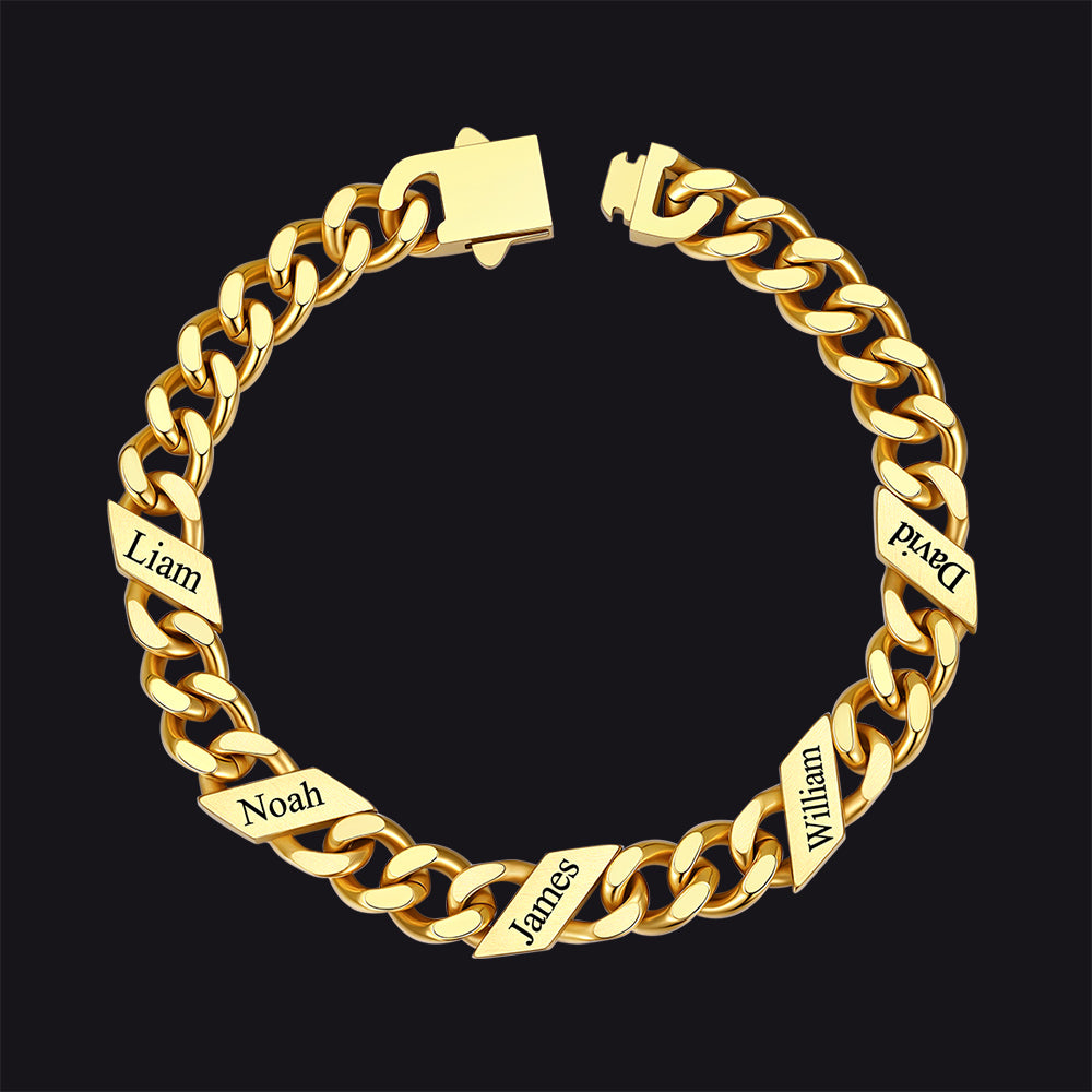 Gold / 9MM / 5 Names Custom Engraved Name Cuban Chain Bracelet for Men 7/9/12mm Width