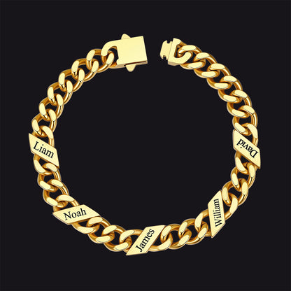 Gold / 9MM / 5 Names Custom Engraved Name Cuban Chain Bracelet for Men 7/9/12mm Width