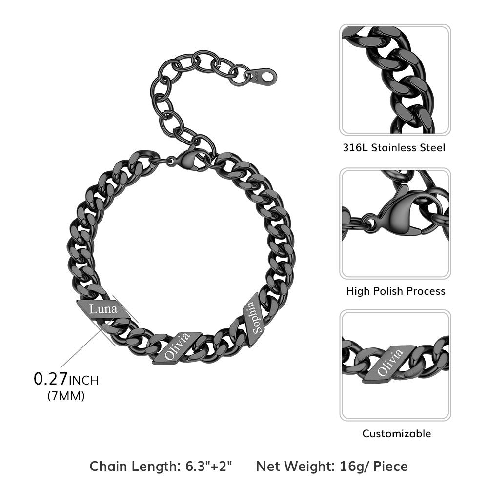 Black chain bracelet with engraved names on a white background