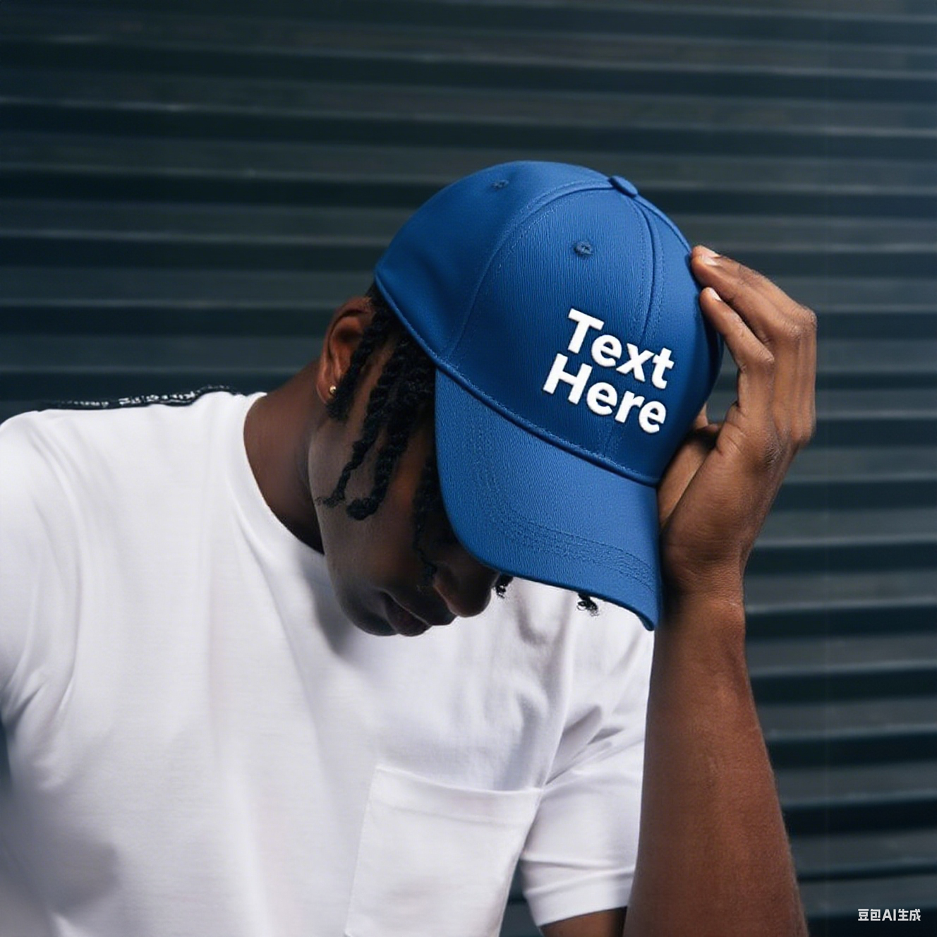 Person holding a blue cap with 'Text Here' text against a dark backgroundimg