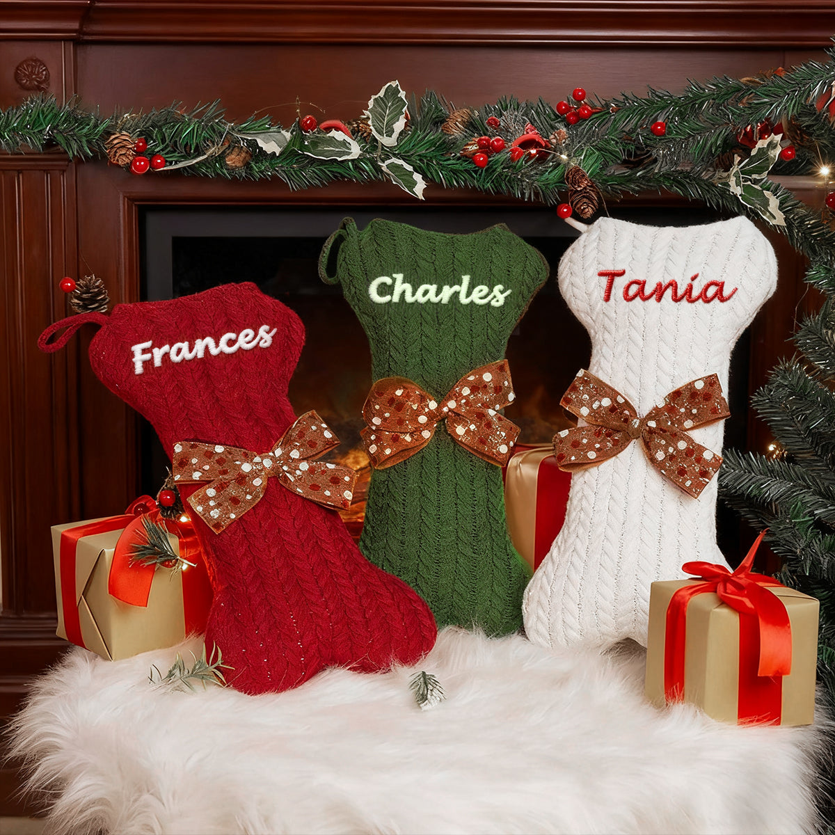 Three personalized Christmas stockings in red, green, and white with names 'Frances', 'Charles', and 'Tania' in front of a fireplace.