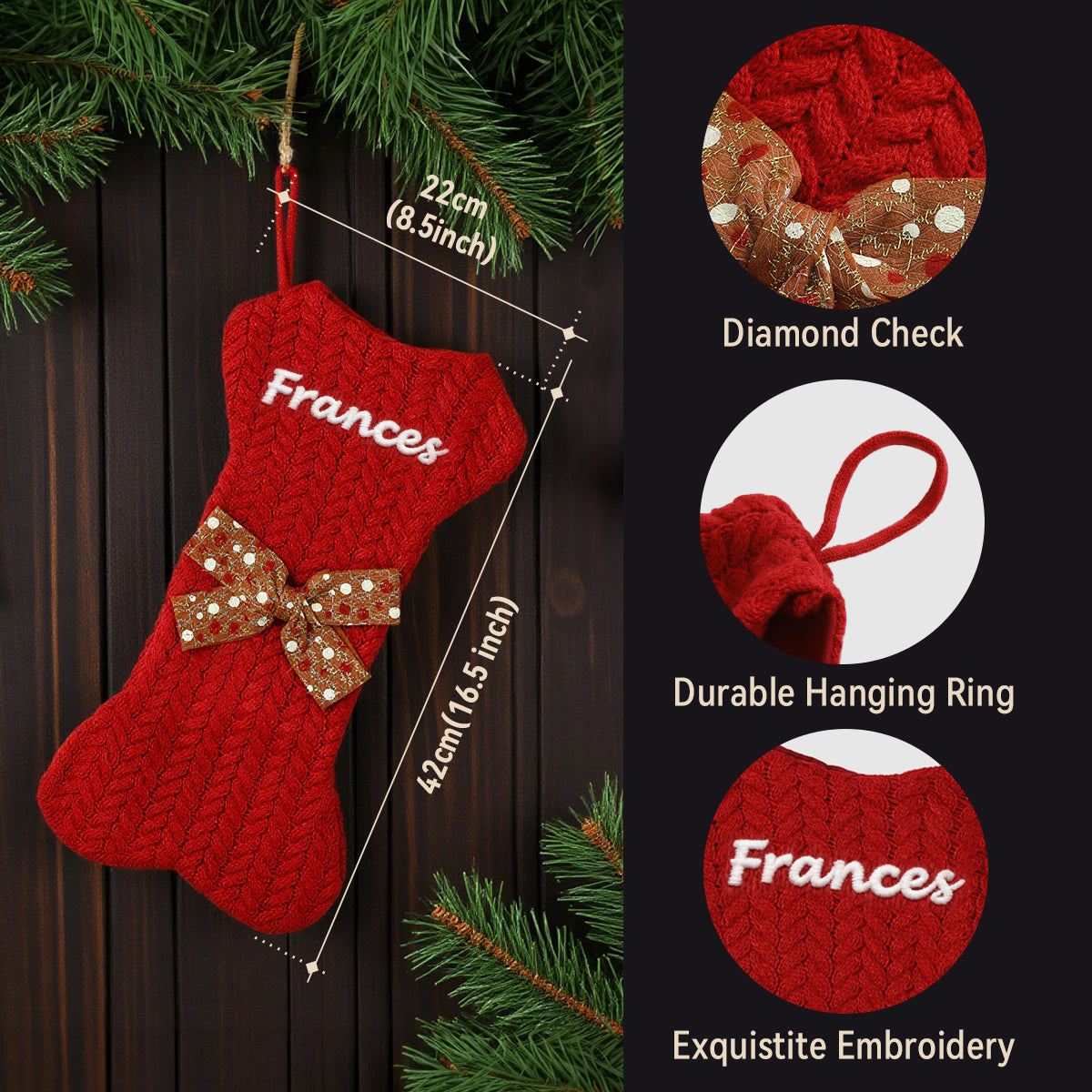 Red Christmas stocking with gold bow and 'Frances' embroidery, hanging on a wooden surface with greenery.