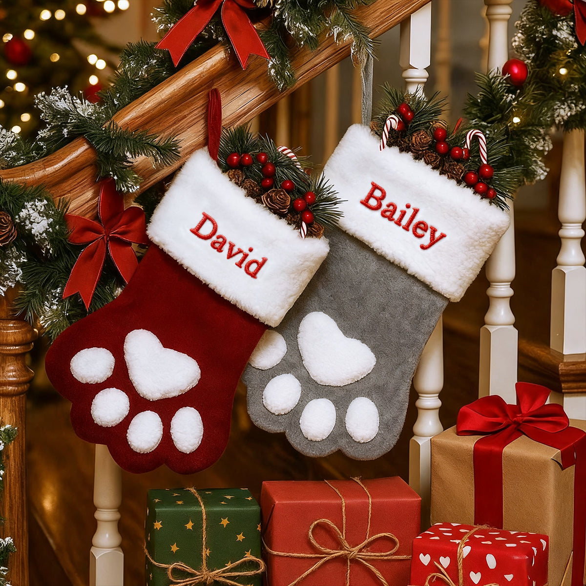 Two Christmas stockings with paw prints and names 'David' and 'Bailey', surrounded by presents and a decorated staircase.