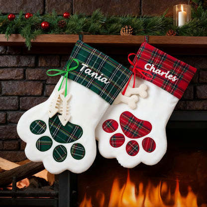Personalized Paw Christmas Stocking with Name, Holiday Dog & Cat Stocking Gift