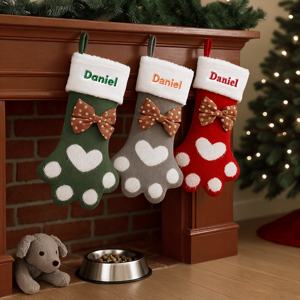 Three Christmas stockings with 'Daniel' on them hanging by a fireplace.