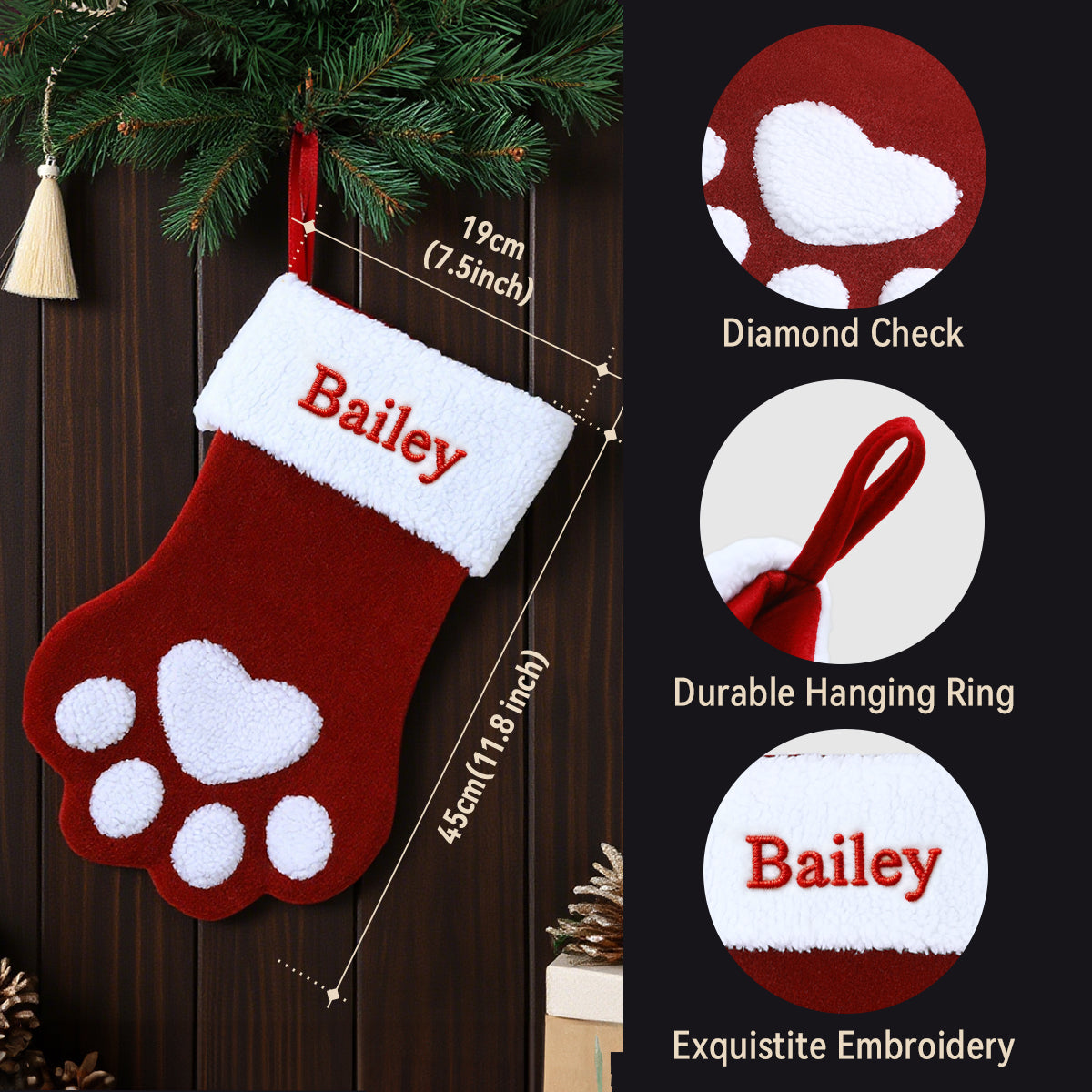 Red and white Christmas stocking with 'Bailey' embroidered on a dark background