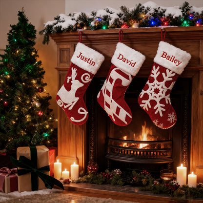Three Christmas stockings hanging above a fireplace with personalized names, surrounded by festive decorations.