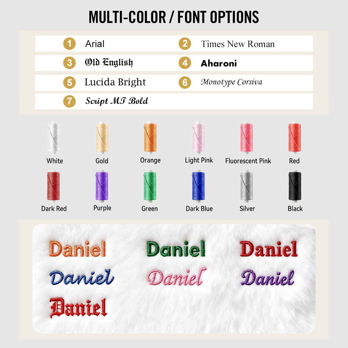 Color and font options for embroidery with sample names displayed.