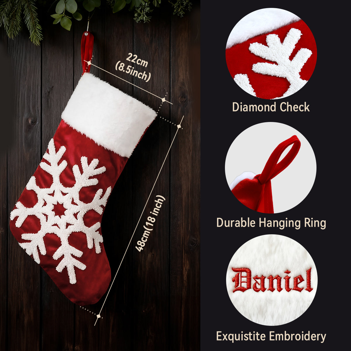 Red and white Christmas stocking with snowflake design, hanging on a wooden wall, with product details on the right.