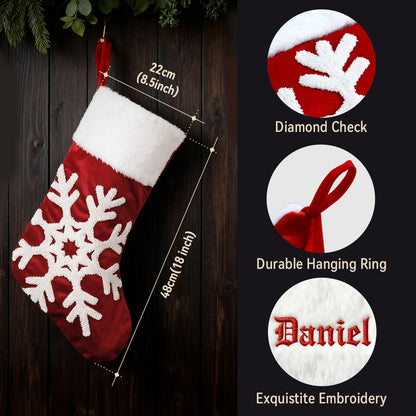 Red and white Christmas stocking with snowflake design, hanging on a wooden wall, with product details on the right.