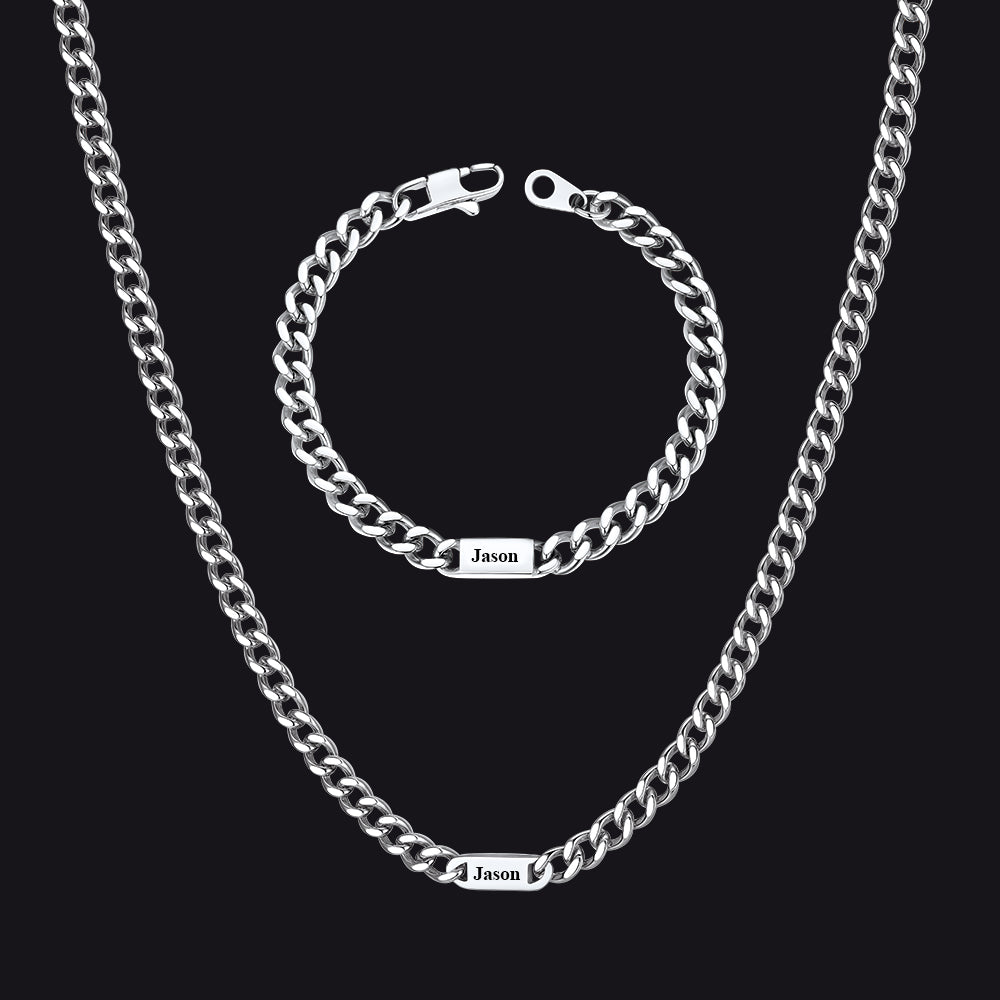 5/7mm Engraved Name Cuban Chain & Bracelet Gift Set for Men