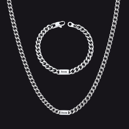 5/7mm Engraved Name Cuban Chain & Bracelet Gift Set for Men