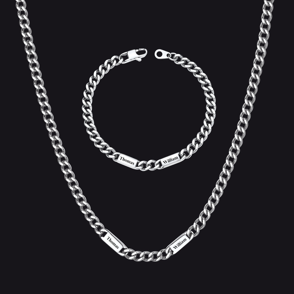 5/7mm Engraved Name Cuban Chain & Bracelet Gift Set for Men