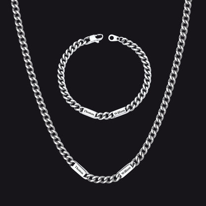 5/7mm Engraved Name Cuban Chain & Bracelet Gift Set for Men