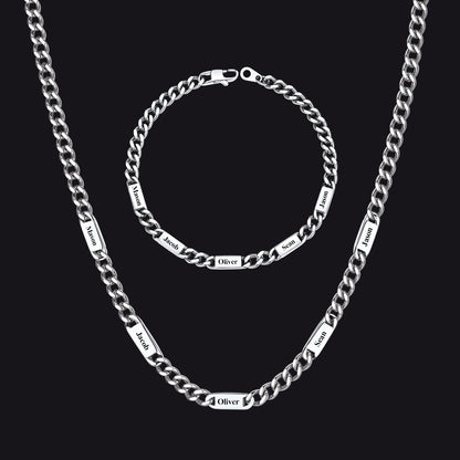 5/7mm Engraved Name Cuban Chain & Bracelet Gift Set for Men