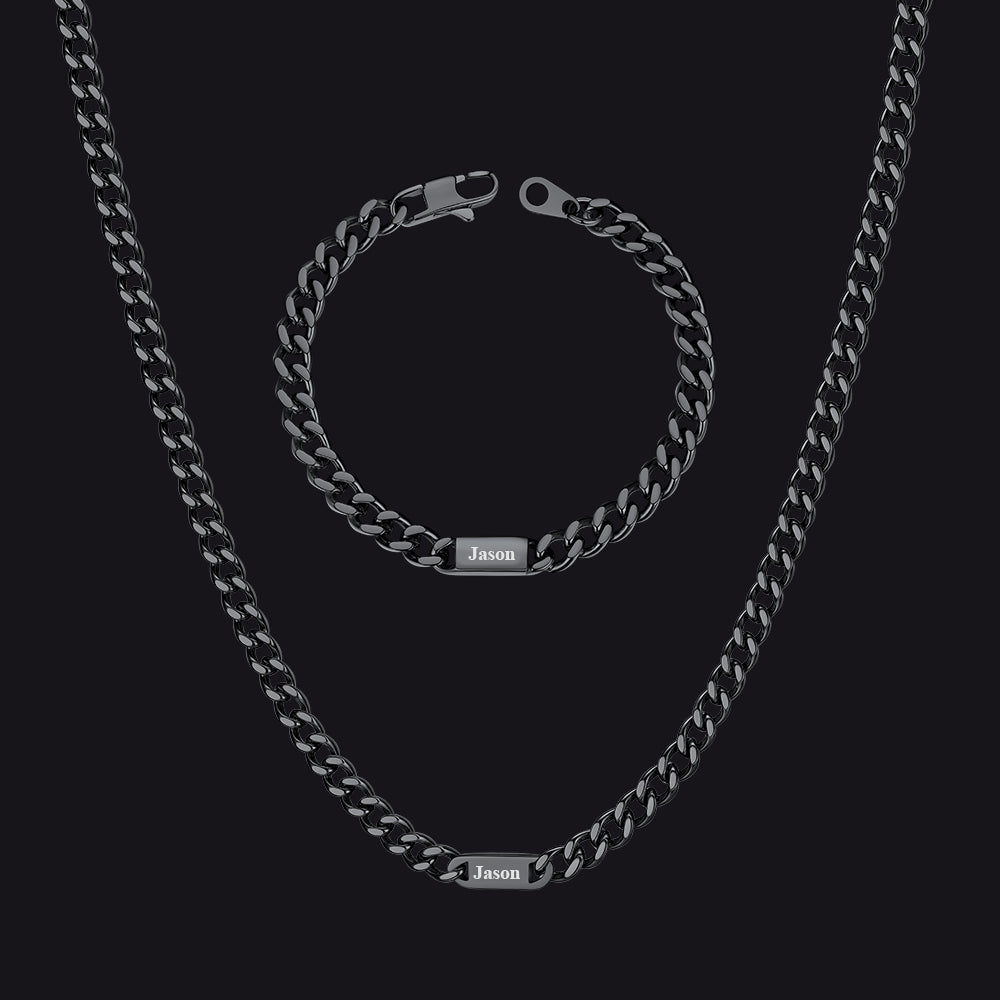 5/7mm Engraved Name Cuban Chain & Bracelet Gift Set for Men