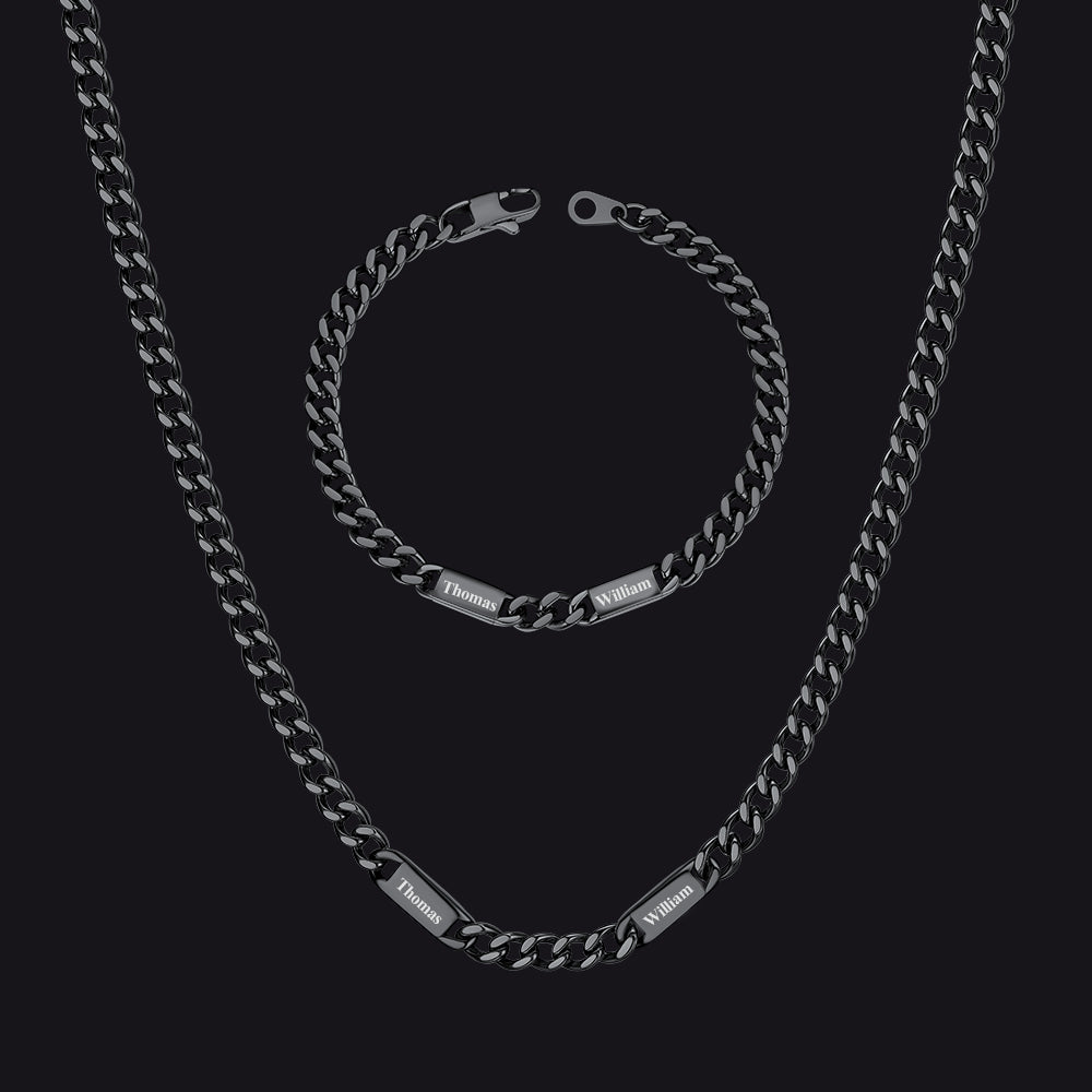 5/7mm Engraved Name Cuban Chain & Bracelet Gift Set for Men