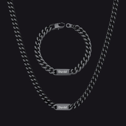 Black / 1 Name / 24 inch 7mm Engraved Name Cuban Chain & Bracelet Gift Set for Men