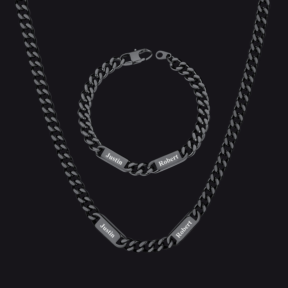 Black / 2 Names / 24 inch 7mm Engraved Name Cuban Chain & Bracelet Gift Set for Men