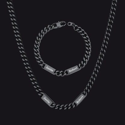 Black / 2 Names / 24 inch 7mm Engraved Name Cuban Chain & Bracelet Gift Set for Men