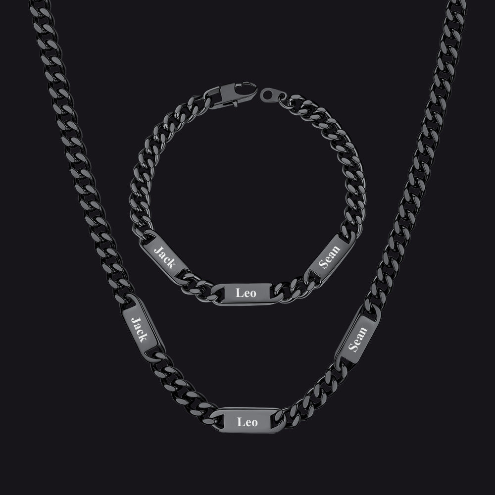 Black / 3 Names / 24 inch 7mm Engraved Name Cuban Chain & Bracelet Gift Set for Men
