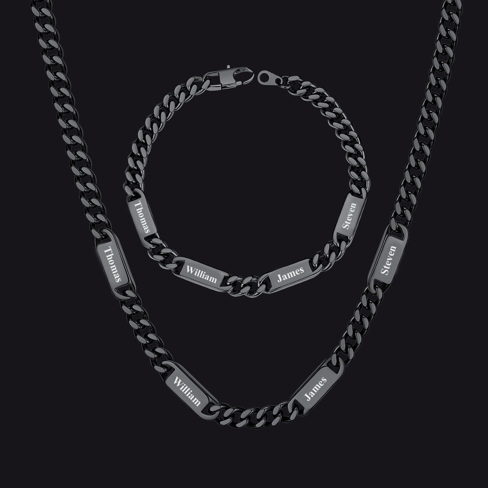 Black / 4 Names / 24 inch 7mm Engraved Name Cuban Chain & Bracelet Gift Set for Men