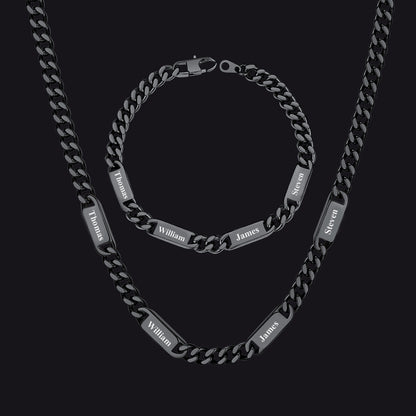 Black / 4 Names / 24 inch 7mm Engraved Name Cuban Chain & Bracelet Gift Set for Men