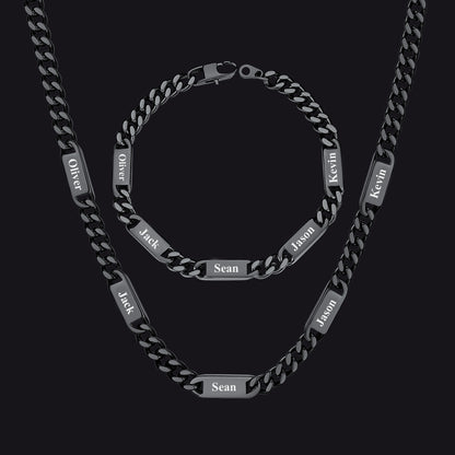 Black / 5 Names / 24 inch 7mm Engraved Name Cuban Chain & Bracelet Gift Set for Men