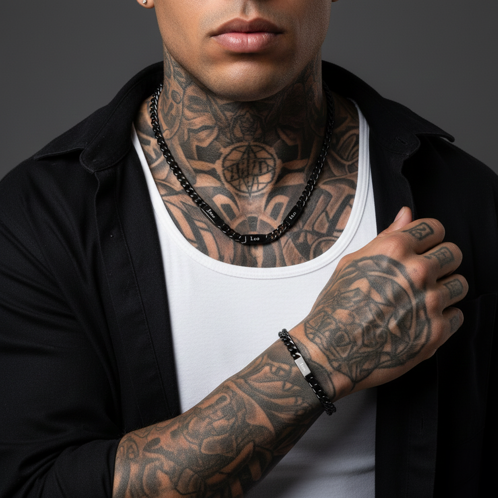  7mm Engraved Name Cuban Chain & Bracelet Gift Set for Men