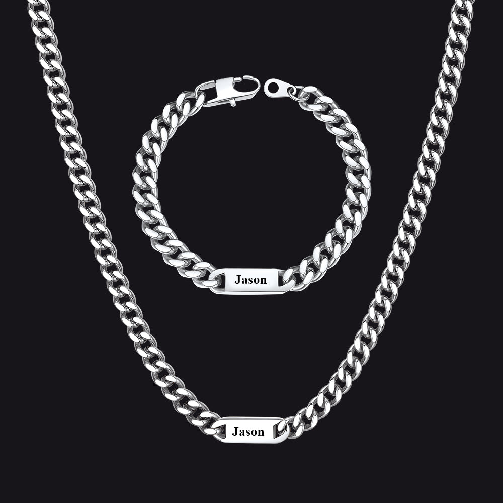 Steel / 1 Name / 24 inch 7mm Engraved Name Cuban Chain & Bracelet Gift Set for Men