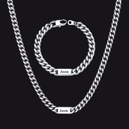 Steel / 1 Name / 24 inch 7mm Engraved Name Cuban Chain & Bracelet Gift Set for Men
