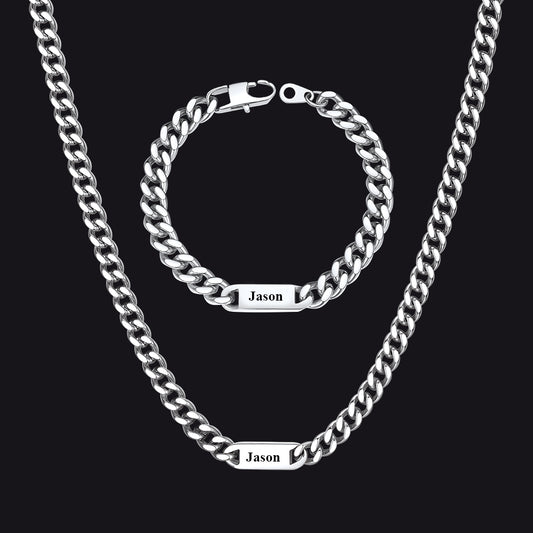 Steel / 1 Name / 24 inch 7mm Engraved Name Cuban Chain & Bracelet Gift Set for Menimg