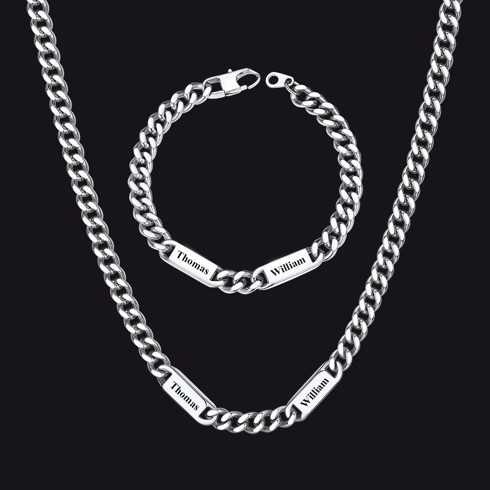 Steel / 2 Names / 24 inch 7mm Engraved Name Cuban Chain & Bracelet Gift Set for Men