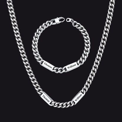 Steel / 2 Names / 24 inch 7mm Engraved Name Cuban Chain & Bracelet Gift Set for Men