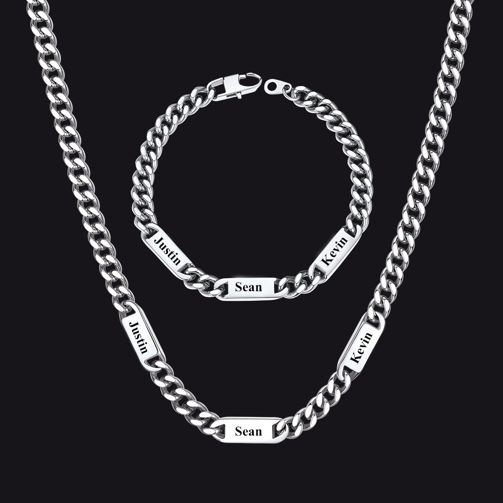 Steel / 3 Names / 24 inch 7mm Engraved Name Cuban Chain & Bracelet Gift Set for Men