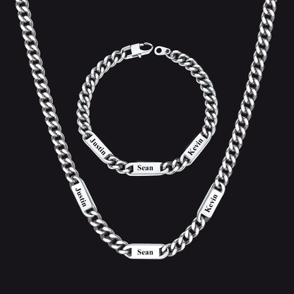 Steel / 3 Names / 24 inch 7mm Engraved Name Cuban Chain & Bracelet Gift Set for Men