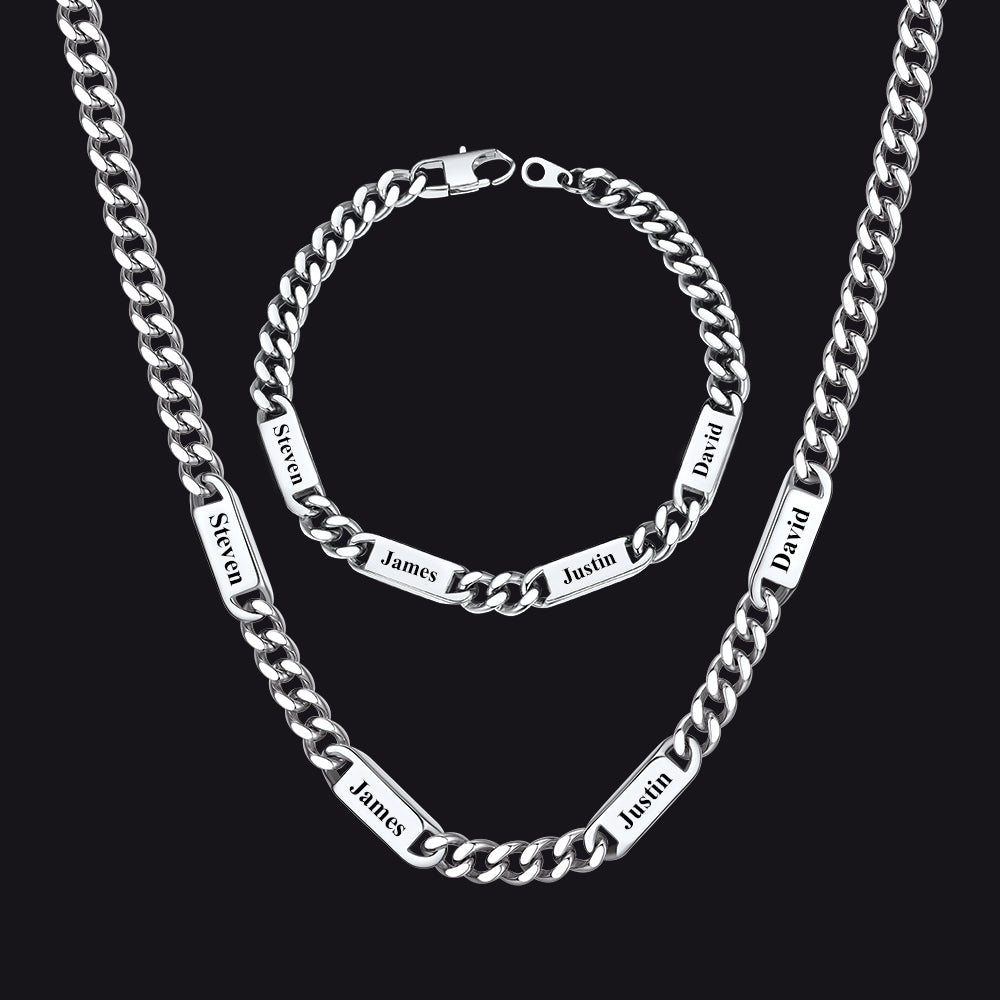 Steel / 4 Names / 24 inch 7mm Engraved Name Cuban Chain & Bracelet Gift Set for Men