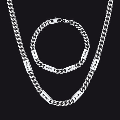 Steel / 4 Names / 24 inch 7mm Engraved Name Cuban Chain & Bracelet Gift Set for Men