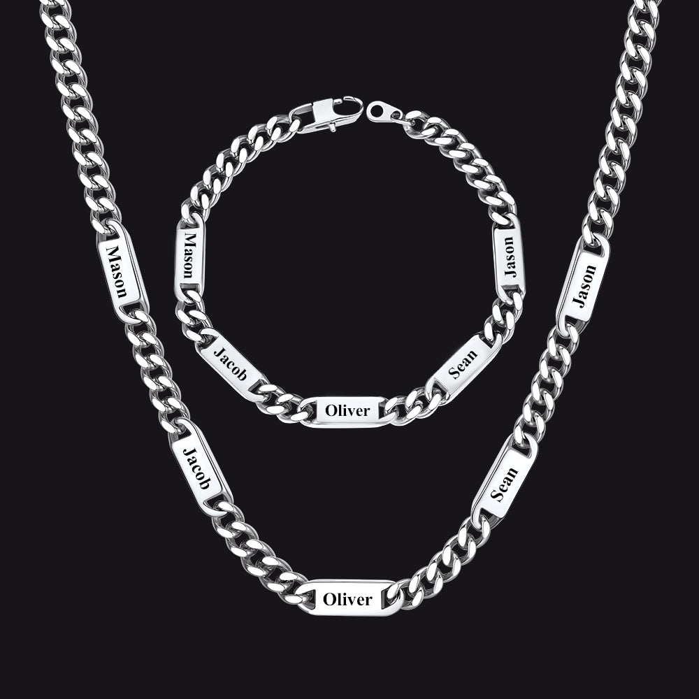 Steel / 5 Names / 24 inch 7mm Engraved Name Cuban Chain & Bracelet Gift Set for Men