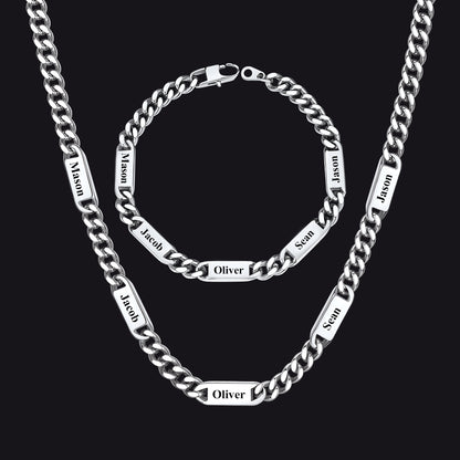 Steel / 5 Names / 24 inch 7mm Engraved Name Cuban Chain & Bracelet Gift Set for Men