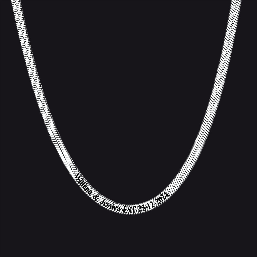 Silver engraved herringbone chain choker for men and women