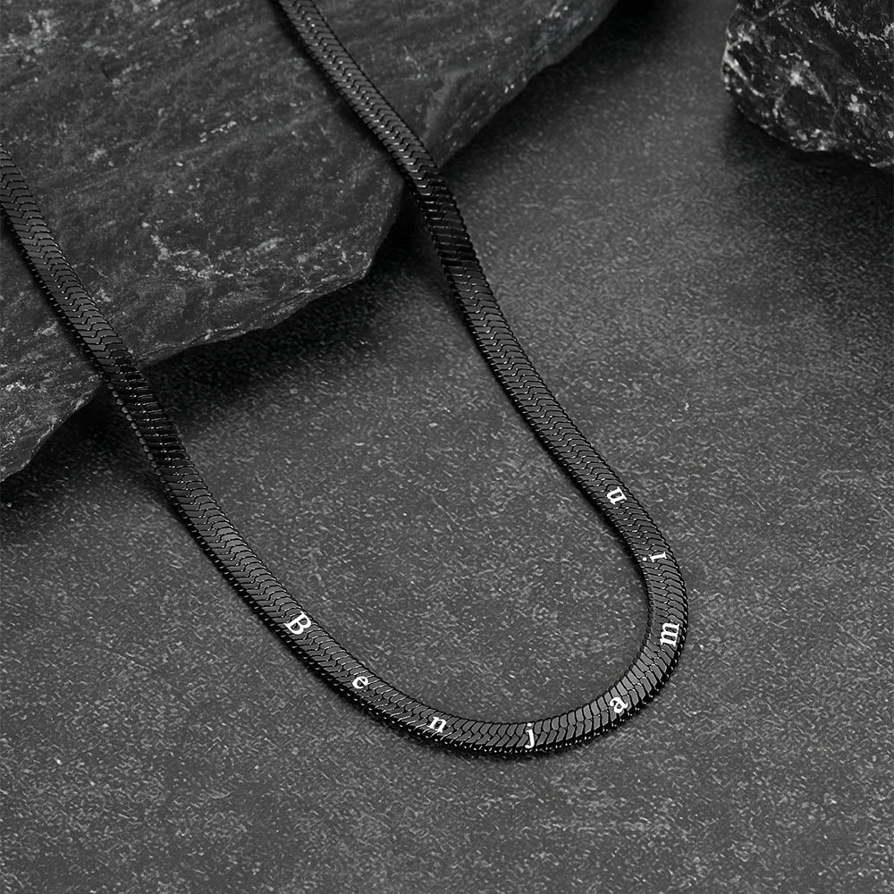 Spaced 1cm custom name engraving on black snake chain necklace
