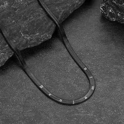 Spaced 1cm custom name engraving on black snake chain necklace