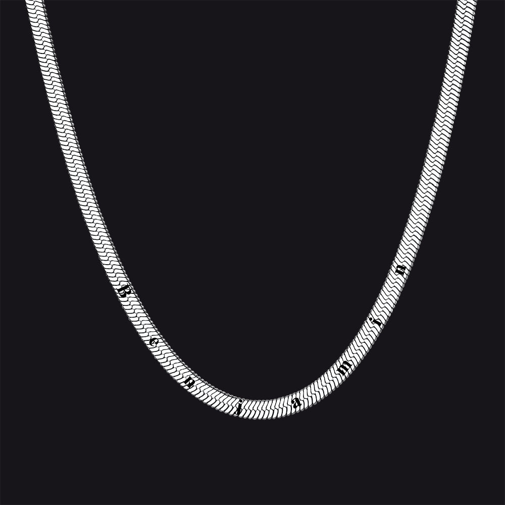 Silver engraved herringbone chain choker for men and women(Spaced 1cm Name Engraving)