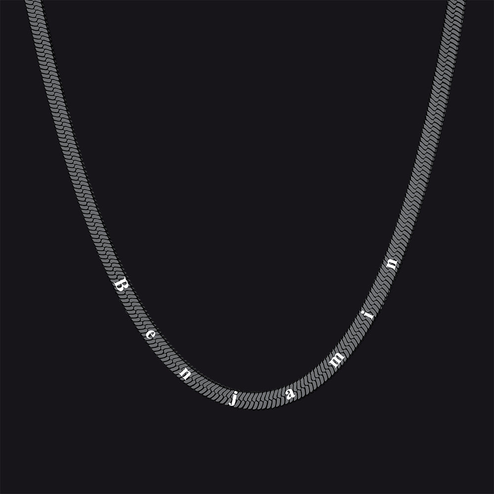 Black herringbone choker necklace with custom name spacing (Spaced 1cm Name Engraving)